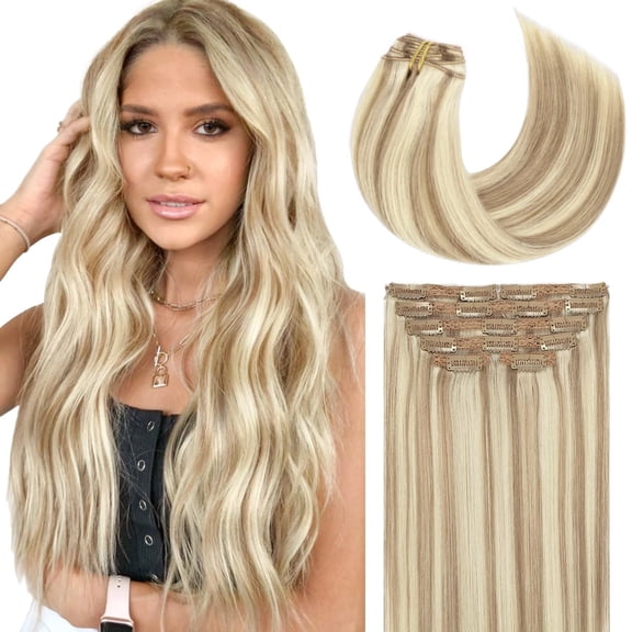 Lacer Hair Clip In Hair Extensions Real Human Natural Hair Light Brown Highlighted Platinum Blonde Color Fine Remy Hair Clip On Hair Extension 7 Pieces 140 Gram 20 Inch