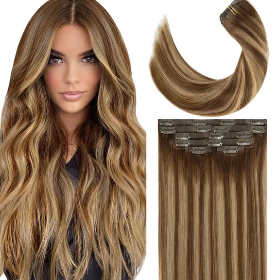 Lacer Hair Hair Extensions Clip in Human Hair 16 Inch Ombre Chocolate Brown Fading to Caramel Blonde and Chocolate Brown 7pcs 110g Real Hair Extensions with Seamless Weft Thick Natural Hair for Women