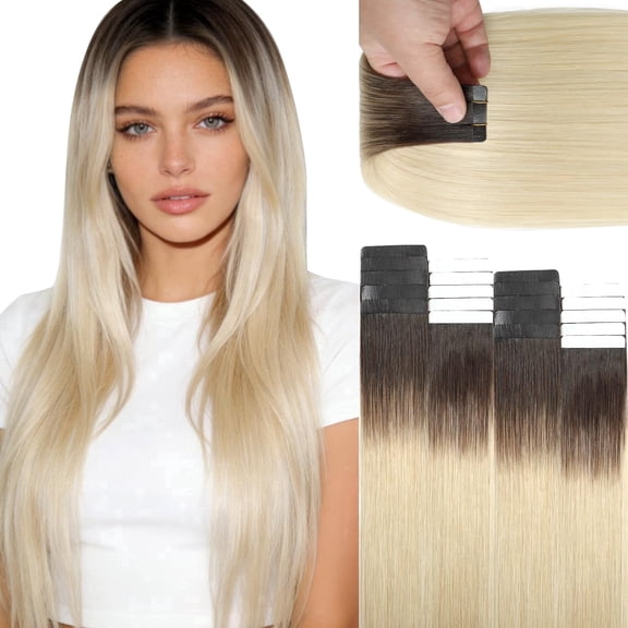 Lacer Hair Tape in Hair Extension Human Hair Balayage Platinum Blonde Hair with Darker Brown Roots Double Sided PU Weft Seamless Straight Natural Human Hair Tape in Extensions 50g 20pcs 14 Inch