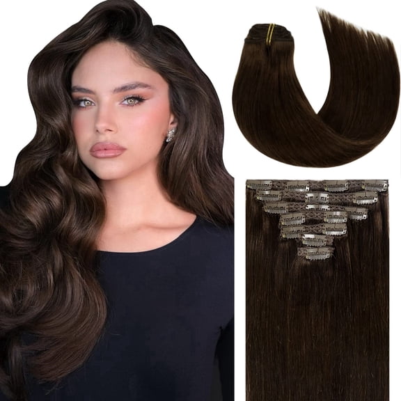 Lacer Human Hair Clip-in Extensions - Light Dark Brown, 14 Inch, 120g, 7pcs Remy Double Weft Real Human Hair