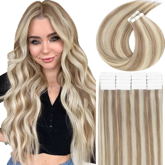Lacer Tape in Hair Extensions Human Hair Glue in Hair Extensions Color #6 Medium Brown to #60A Platinum Blonde Remy Straight 20 Pcs 50 Gram 22 Inch for Women