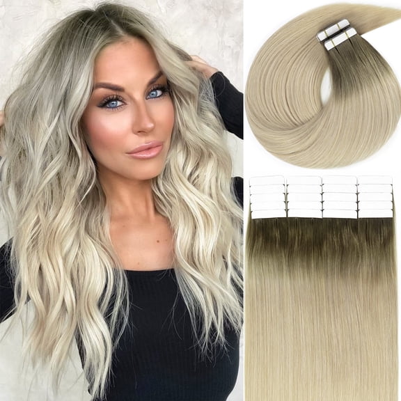 Lacer Tape In Hair Extensions Real Human Hair Light Ash Brown Roots To Light Platinum Blonde Human Hair Tape In Extensions 12 Inch 30G Invisible Real Hair Tape In Extensions Human Hair 20pcs