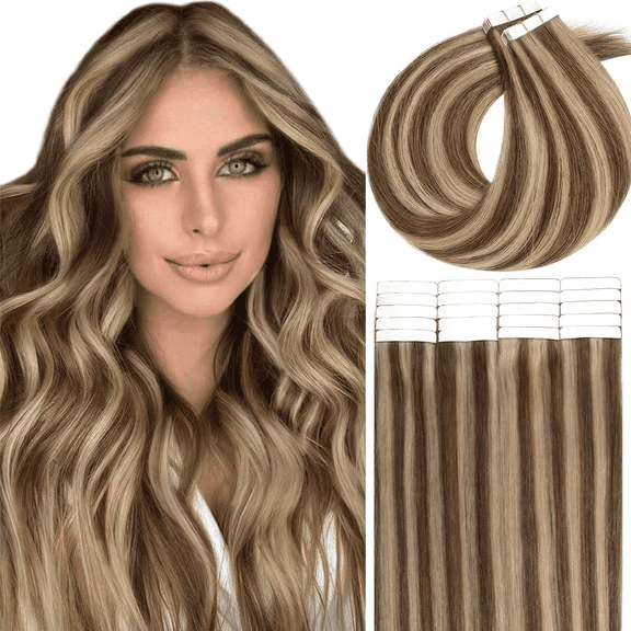 LacerHair Extensions Tape in Extensions Chocolate Brown to Light Golden Brown Silky Straight Double Sided Seamless Skin Weft Hair Extensions 14inch Best Brown Tape in Hair Extensions Human Hair 50g