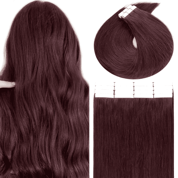 Lacerhair Dark Burgundy Tape in Hair Extensions Human Hair PU Skin Weft 100% Real Virgin Human Hair Tape Extensions 22inch Burgundy Red Wine Burgundy Double Side 20pcs/set 50g