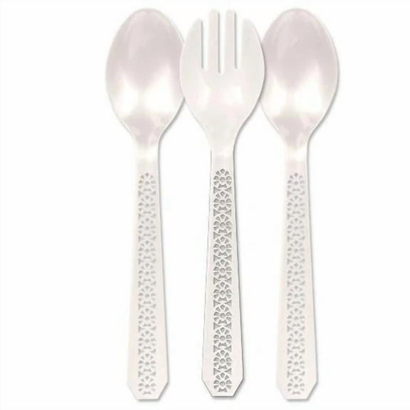 Lacetagon Pearl Serving Set – Elegant, Durable, and Reusable Tableware for All Occasions, Disposable Plastic Serving Spoons and Forks, Elegant Flatware Set for Parties, Events, Weddings (144)