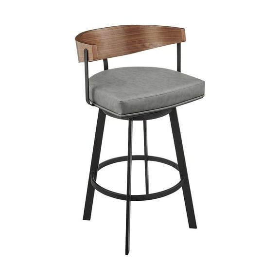 Lacey 30" Swivel Bar Stool in Black Iron with Walnut Finish and Vintage Gray Faux Leather