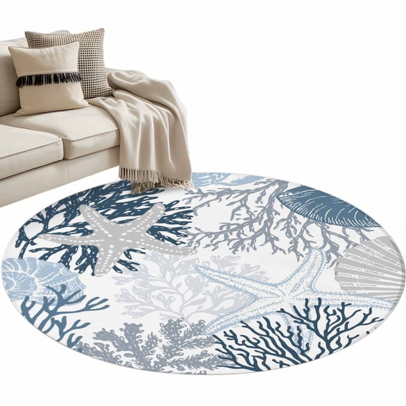 Lack Blue Coastal Round Rug 3ft Washable Circle Entryway Rugs Non Slip Grey Blue Sea Coral Starfish Nautical Area Rug Indoor Floor Carpet for Bedroom Kitchen Living Room Office Dining Room Nursery
