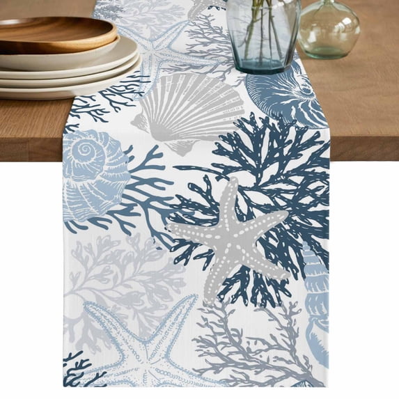 Lack Blue Coastal Table Runner 72 Inches, Grey Blue Sea Coral Starfish Nautical Bed Runner Dresser Scarves Tabletop for Indoor Outdoor Parties/Ceremony/Banquet, 14" x 72"