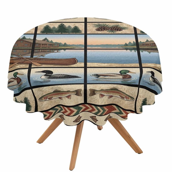 Lack Landscape Round Tablecloth 60 Inch Country Farmhouse Forest Boats Ducks Fish Pine Tree Waterproof Spillproof Circle Table Cloth Washable Round Table Cover for Party, Picnic, Outdoor Dining