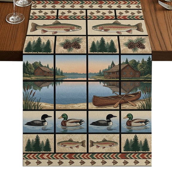 Lack Landscape Table Runner 36 Inches Long, Country Farmhouse Forest Boats Ducks Fish Pine Tree Cotton Linen Dining Table Runner Dresser Scarves for Home Kitchen Party Decor 13"x36"
