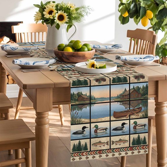 Lack Landscape Table Runner, Country Farmhouse Forest Boats Ducks Fish Pine Tree Washable Kitchen Table Runners Dress Scarves for Dining Table Decorations Party/Restaurant/Indoor Outdoor Use, 13x36in