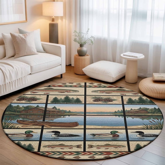 Lack Landscape Washable Round Area Rug 3 ft, Country Farmhouse Forest Boats Ducks Fish Pine Tree, Soft Non Slip Rugs Stain Repellent Indoor Felt Carpet for Living Dining Room Bedroom Home Office