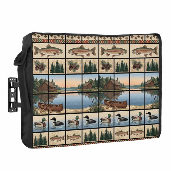 Lack Landscape Waterproof Outdoor TV Cover, Country Farmhouse Forest Boats Ducks Fish Pine Tree Outside Weatherproof TV Enclosures for 80 to 85 Inch LCD Television Shield Flat Screen Protectors