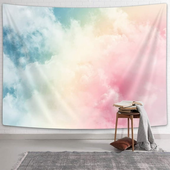 Lacoiime Girly Tapestry Backdrop for Teens Room Bedroom, Cute Tapestry Wall Hanging Pastel Rainbow Pink Blue Yellow White Colorful Cloud Tapestries, Teen Girls Room Wall Hanging Tapestry Home Decor