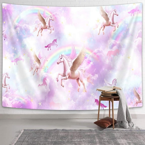 Lacoiime Unicorn Tapestry Wall Hanging, Fantasy Horses Rainbow Stars with Cute Cloud on Abstarct Pink Backdrop, Bright Color Purple Pink Girl Room Decor Tapestres Wall Art for Bedroom Home