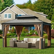 Lacoo 10' x 12' Hardtop Gazebo Outdoor Galvanized Steel Metal Double Roof Canopy Aluminum Furniture Permanent Pavilion with Netting and Curtains for Garden, Patio, Lawns