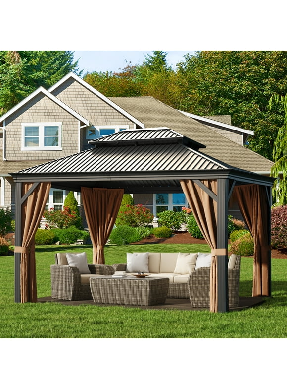 Lacoo 10' x 12' Hardtop Gazebo Outdoor Galvanized Steel Metal Double Roof Canopy Aluminum Furniture Permanent Pavilion with Netting and Curtains for Garden, Patio, Lawns