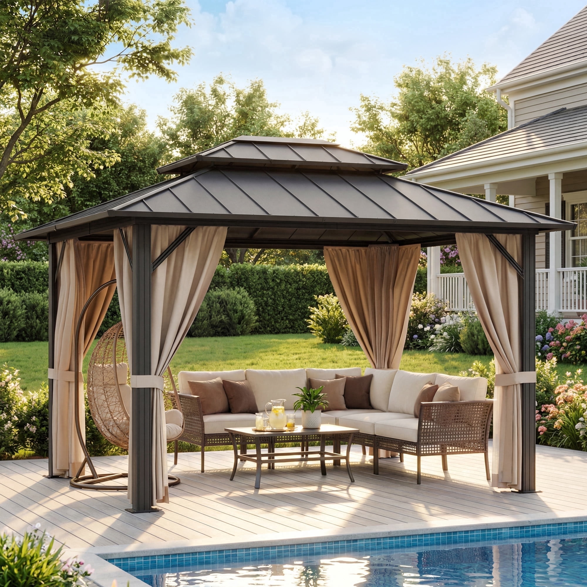 Homall 10x12 FT Hardtop Gazebo with Aluminum Frame Galvanized Steel Double Roof & Mosquito Net and Curtains for Garden Patio Lawns