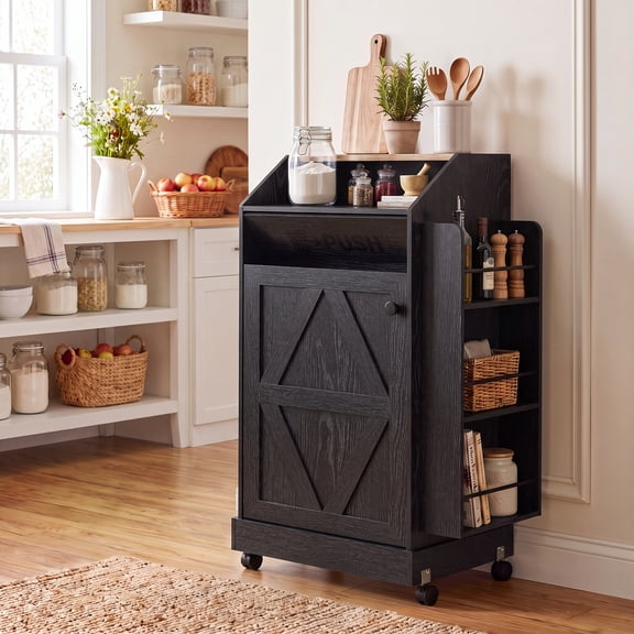 Lacoo 13 Gallon Trash Cabinet with Storage Shelves for Kitchen, Freestanding Garbage Can Cabinet with Lockable Rolling Casters, Black