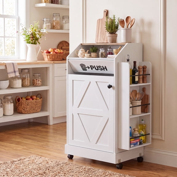 Lacoo 13 Gallon Trash Cabinet with Storage Shelves for Kitchen, Freestanding Garbage Can Cabinet with Lockable Rolling Casters, White