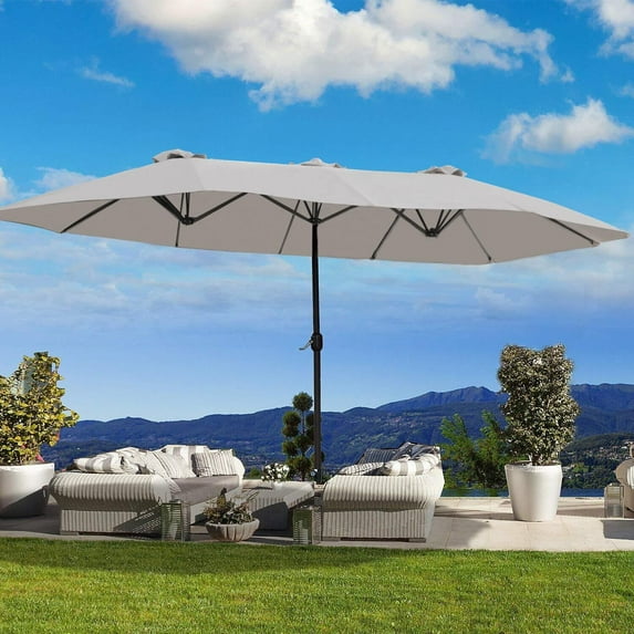 Lacoo 15 Ft Beige Patio Double Sided Outdoor Twin Table Umbrella Rectangular Large Market Umbrella with Crank for Patio Shade Outside Deck or Pool