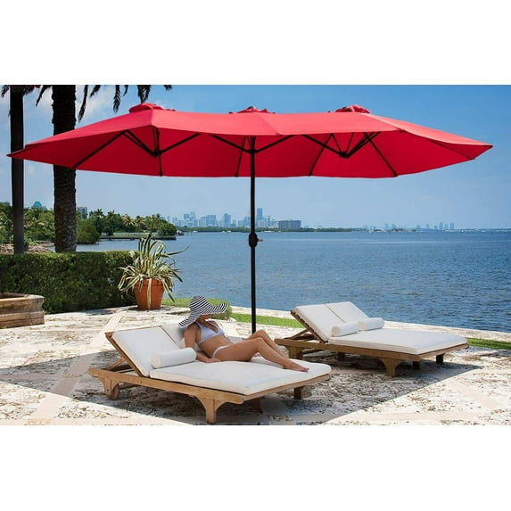 Lacoo 15 Ft Red Patio Double Sided Outdoor Twin Table Umbrella Rectangular Large Market Umbrella with Crank for Patio Shade Outside Deck or Pool