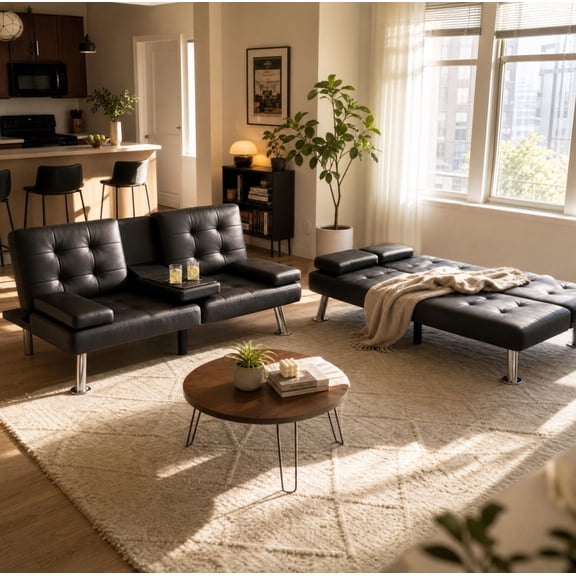 Lacoo 2-Pack Futon Sofa Bed Modern Convertible Sleeper Couch with Removable Armrests & Cup Holders for Living Room,Small Spaces,PU Leather Black