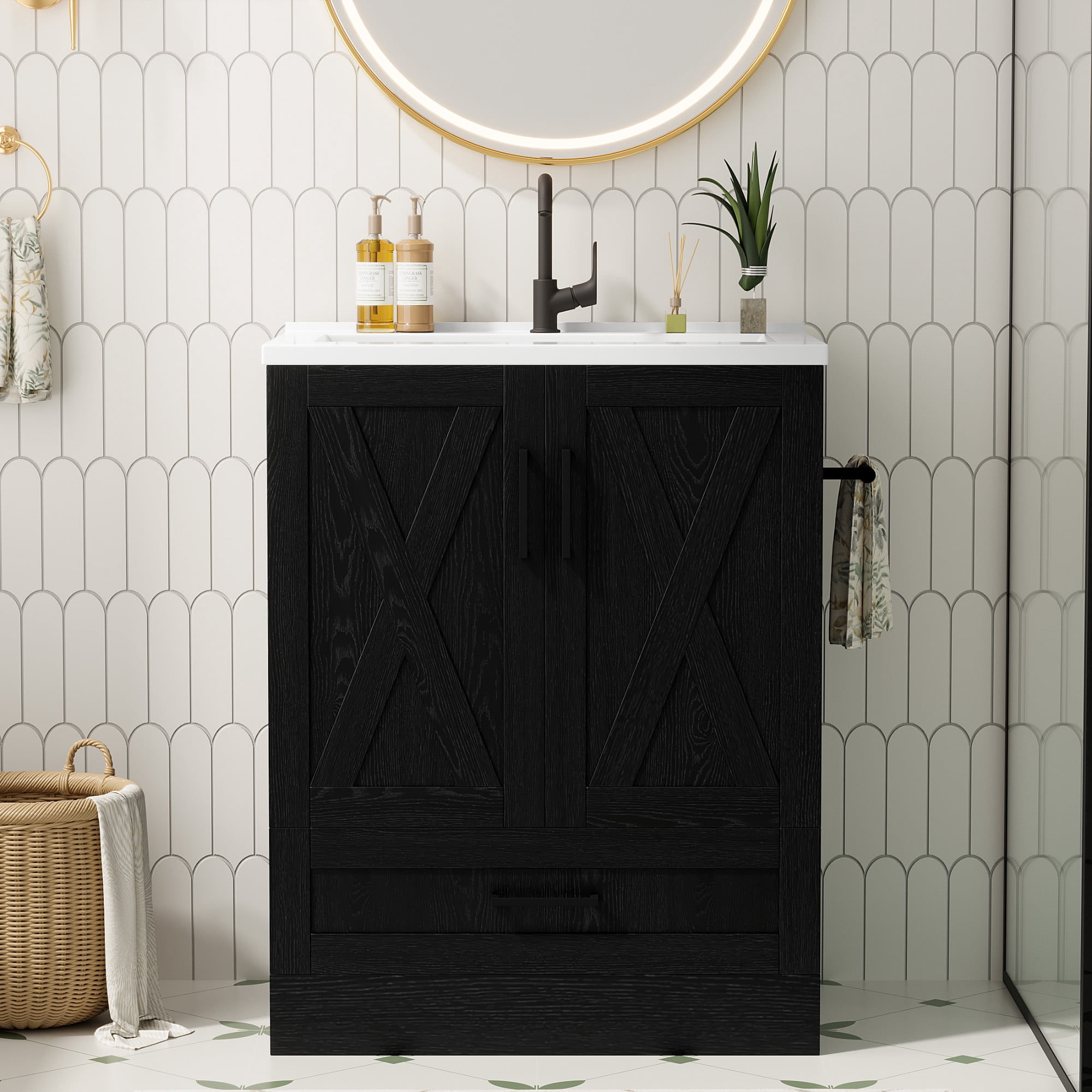 Lacoo 24" Bathroom Vanity with Sink Basin, Farmhouse Bathroom Storage Vanity Cabinet with 2 Doors & 1 Drawer, Freestanding Bathroom Cabinet with Washbasin, Black