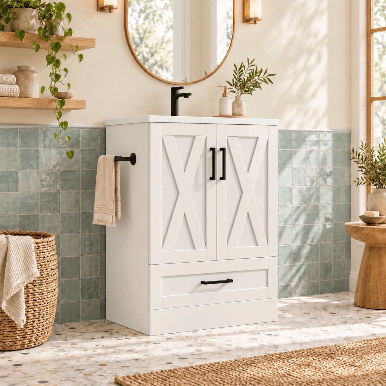 Lacoo 24" Bathroom Vanity with Sink Basin, Farmhouse Bathroom Storage Vanity Cabinet with 2 Doors & 1 Drawer, Freestanding Bathroom Cabinet with Washbasin, White
