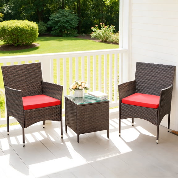 Lacoo 3 Pieces Outdoor Patio Furniture Gray PE Rattan Wicker Table and Chairs Sets Bar Set with Cushioned Tempered Glass , Brown / Red