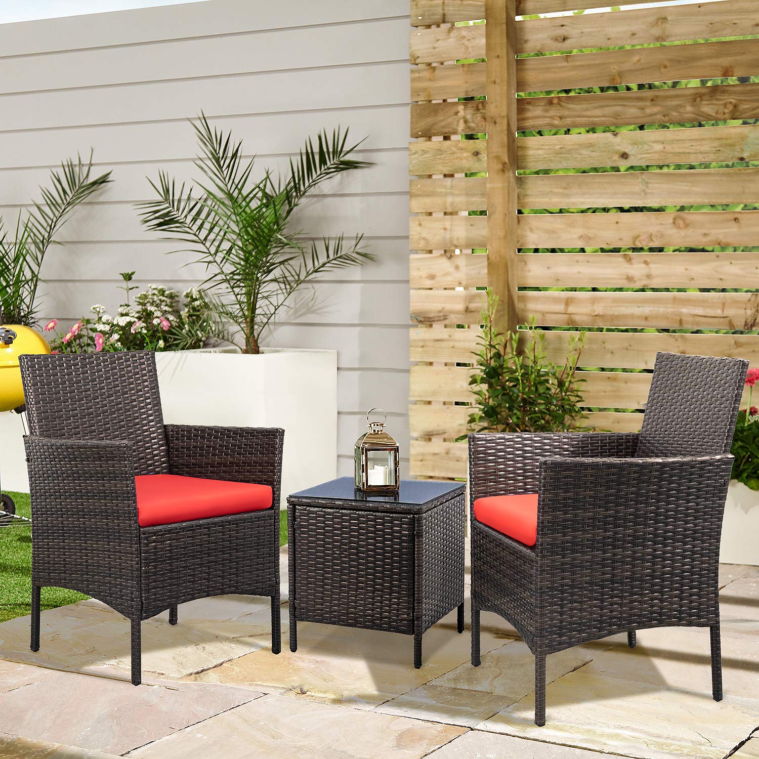 Lacoo 3 Pcs 2 Seater Outdoor Patio Furniture PE Rattan Wicker Table and Chairs Set with Cushioned Tempered Glass (Brown/Red) - image 1 of 6