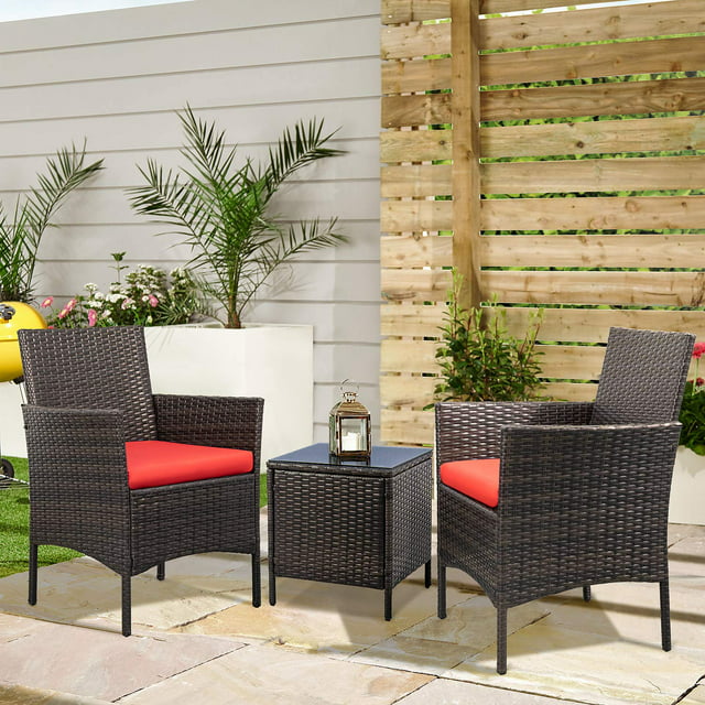 Lacoo 3 Pcs 2 Seater Outdoor Patio Furniture PE Rattan Wicker Table and Chairs Set with Cushioned Tempered Glass (Brown/Red)