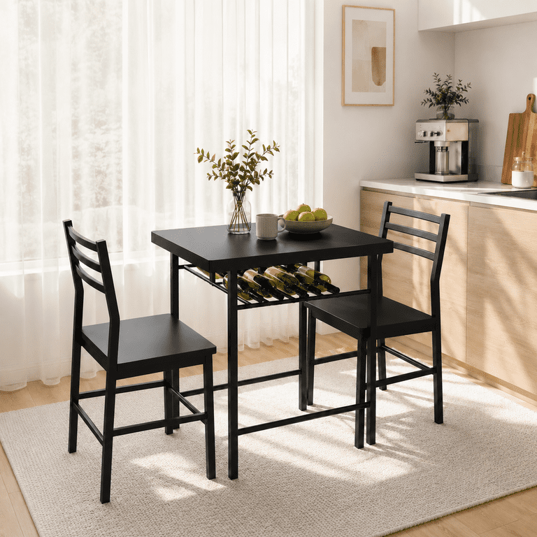 Lacoo 3 Piece Dining Table Set for 2, Small Kitchen Table and 2 Chairs, Space Saving Dining Room Table Set for Apartment, Breakfast Nook, Black