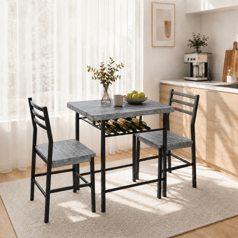 Lacoo 3 Piece Dining Table Set for 2, Small Kitchen Table and 2 Chairs, Space Saving Dining Room Table Set for Apartment, Breakfast Nook, Gray