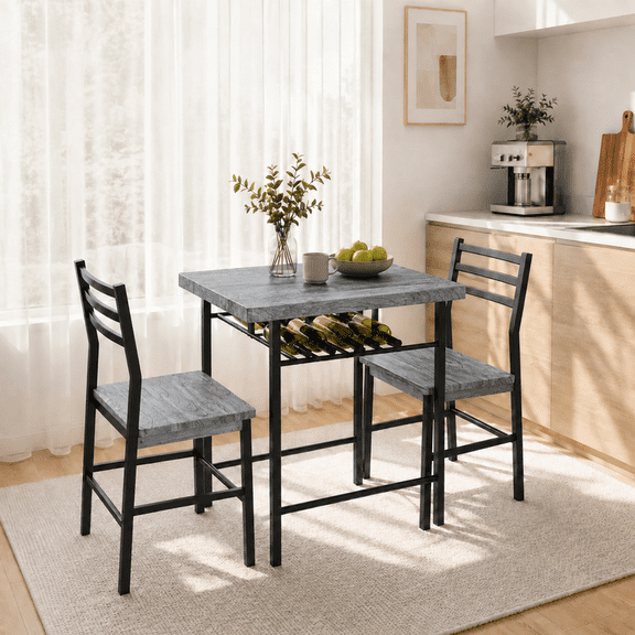 Lacoo 3 Piece Dining Table Set for 2, Small Kitchen Table and 2 Chairs, Space Saving Dining Room Table Set for Apartment, Breakfast Nook, Gray