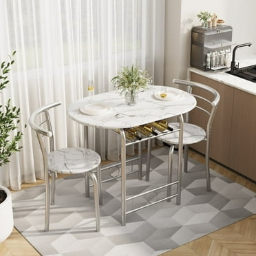 Lacoo 3-Piece Small Dining set, Table and Chair Set for 2 ,for Living Room, Dining Room, Kitchen, Marble & Sliver