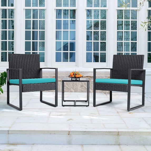Lacoo 3 Pieces Outdoor Bistro Chair Set PE Rattan Patio Conversation Set of 2 with Cushion and Coffee Table, Black/Blue