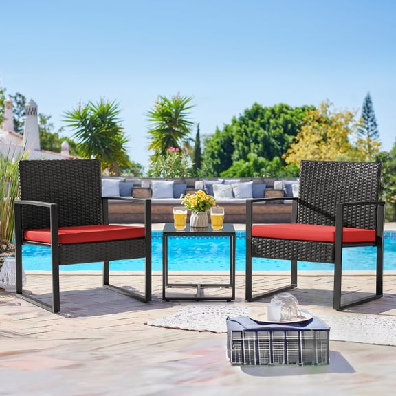 Lacoo 3 Pieces Outdoor Bistro Chair Set PE Rattan Patio Conversation Set of 2 with Cushion and Coffee Table,Black/Red