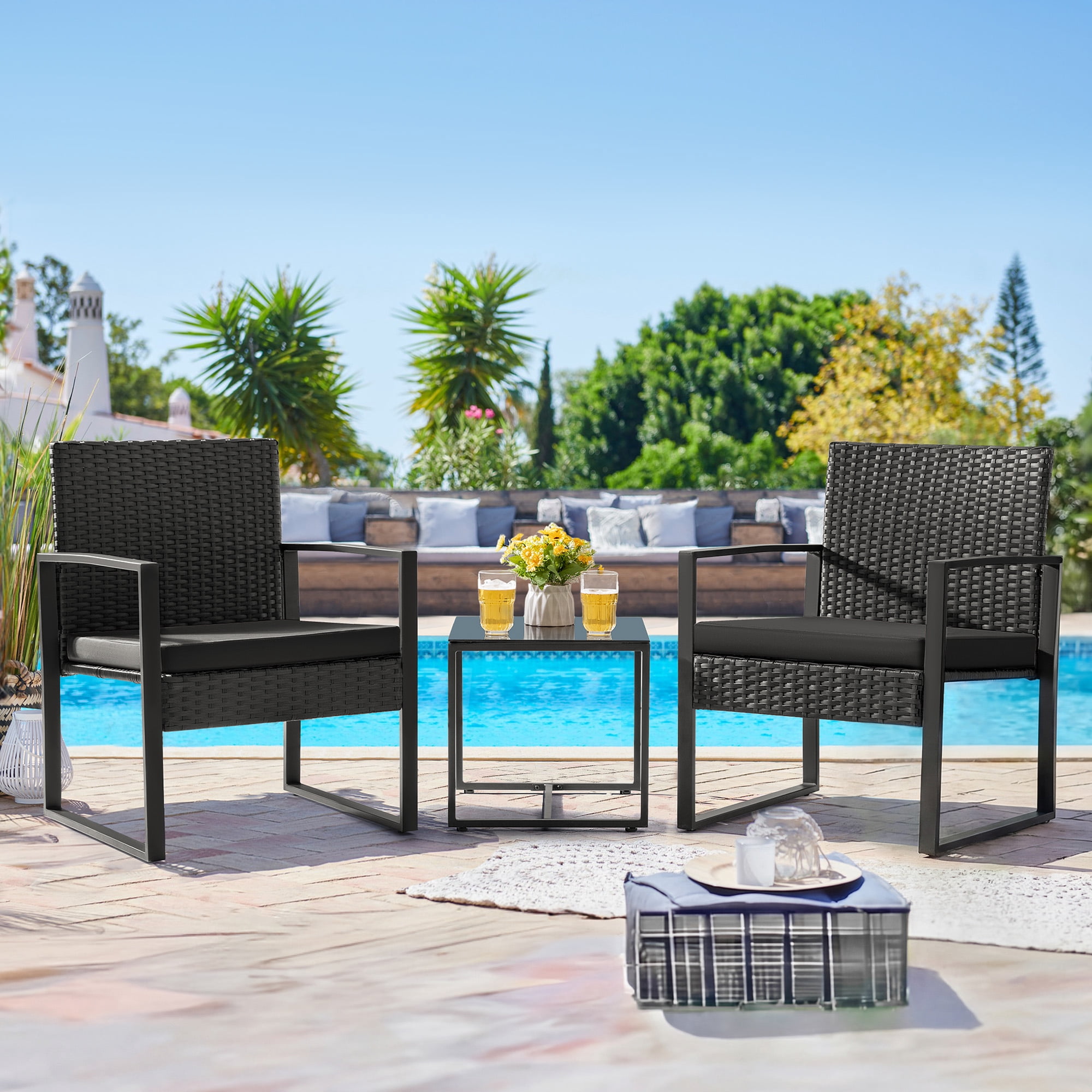 Lacoo 3 Pieces Outdoor Bistro Chair Set PE Rattan Patio Conversation Set of 2 with Cushion and Coffee Table, Black
