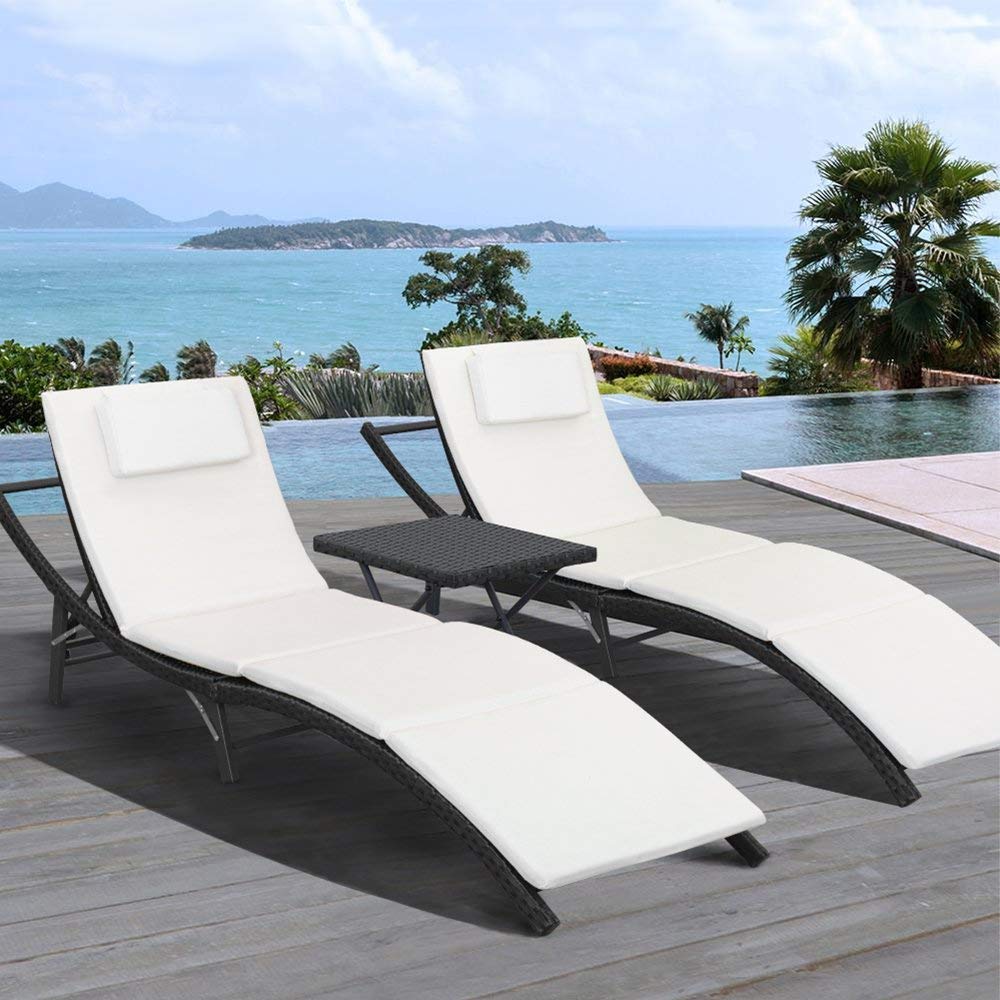Lacoo 3 Pieces Outdoor Chaise Lounge Chair Patio Furniture Adjustable Folding PE Rattan Lounge Chair, Beige - image 1 of 7