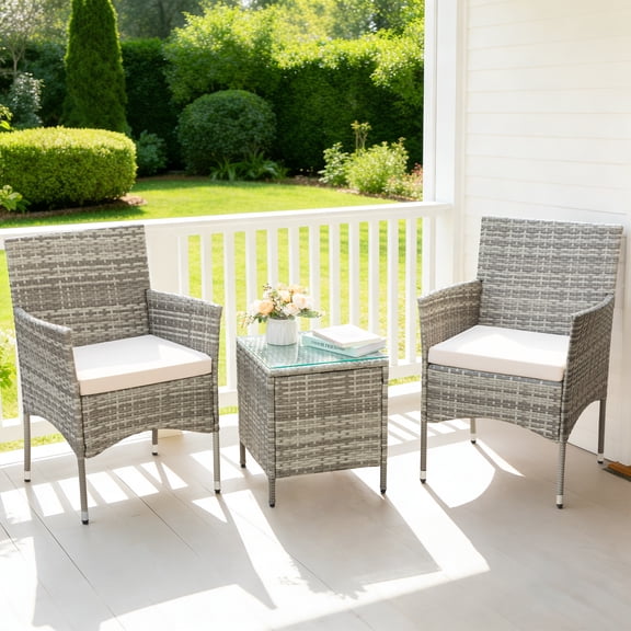 Lacoo 3 Pieces Outdoor Patio Furniture Gray PE Rattan Wicker Table and Chairs Set Bar Set with Cushioned Tempered Glass , Grey / Beige