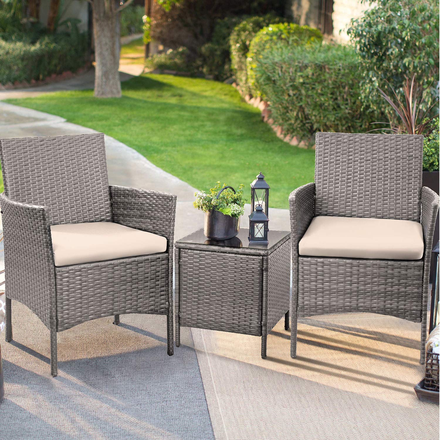 Lacoo 3 Pieces Outdoor Patio Furniture Gray PE Rattan Wicker Table and Chairs Set Bar Set with Cushioned Tempered Glass (Grey / Beige) 2 - image 1 of 6