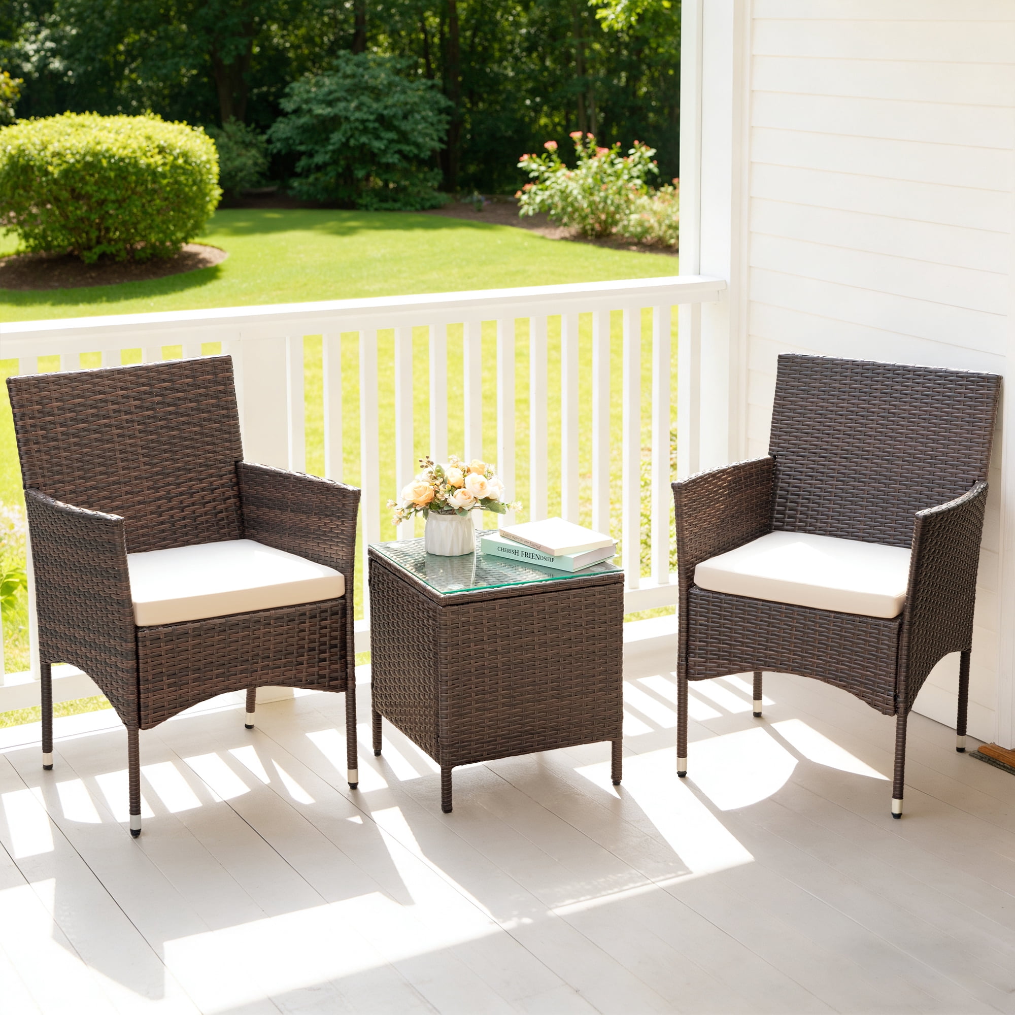 Lacoo 3 Pieces Outdoor Patio Furniture Gray PE Rattan Wicker Table and Chairs Sets Bar Set with Cushioned Tempered Glass , Brown/ Beige