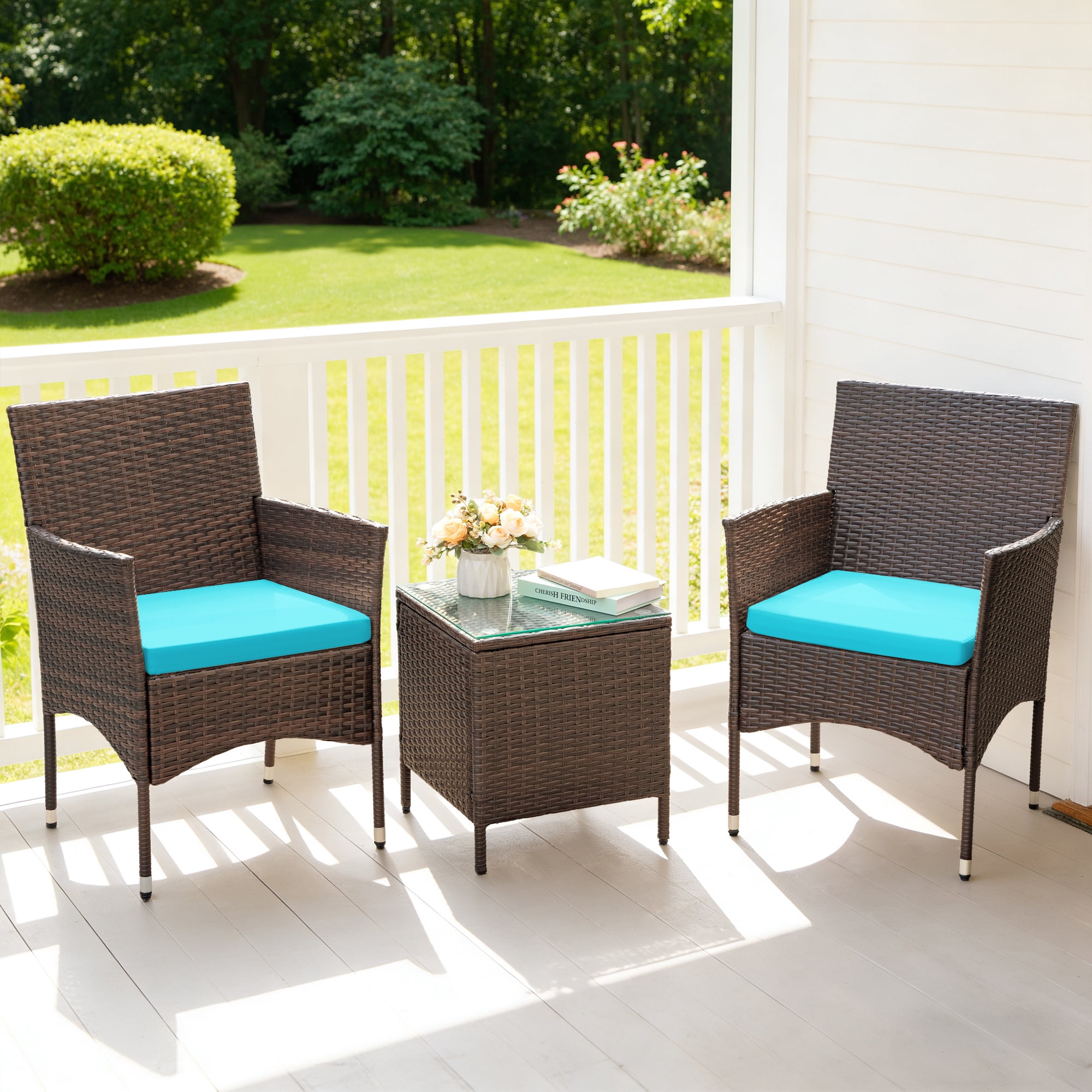 Lacoo 3 Pieces Outdoor Patio Furniture Gray PE Rattan Wicker Table and Chairs Sets Bar Set with Cushioned Tempered Glass , Brown / Blue