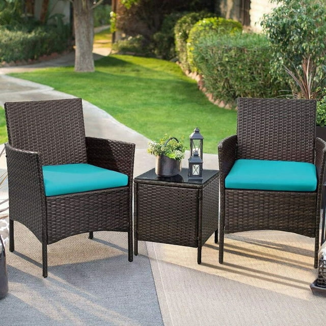 Lacoo 3 Pieces Outdoor Patio Furniture PE Rattan Wicker Table and Chairs Set Bar Set with Cushioned Tempered Glass (Brown / Blue)