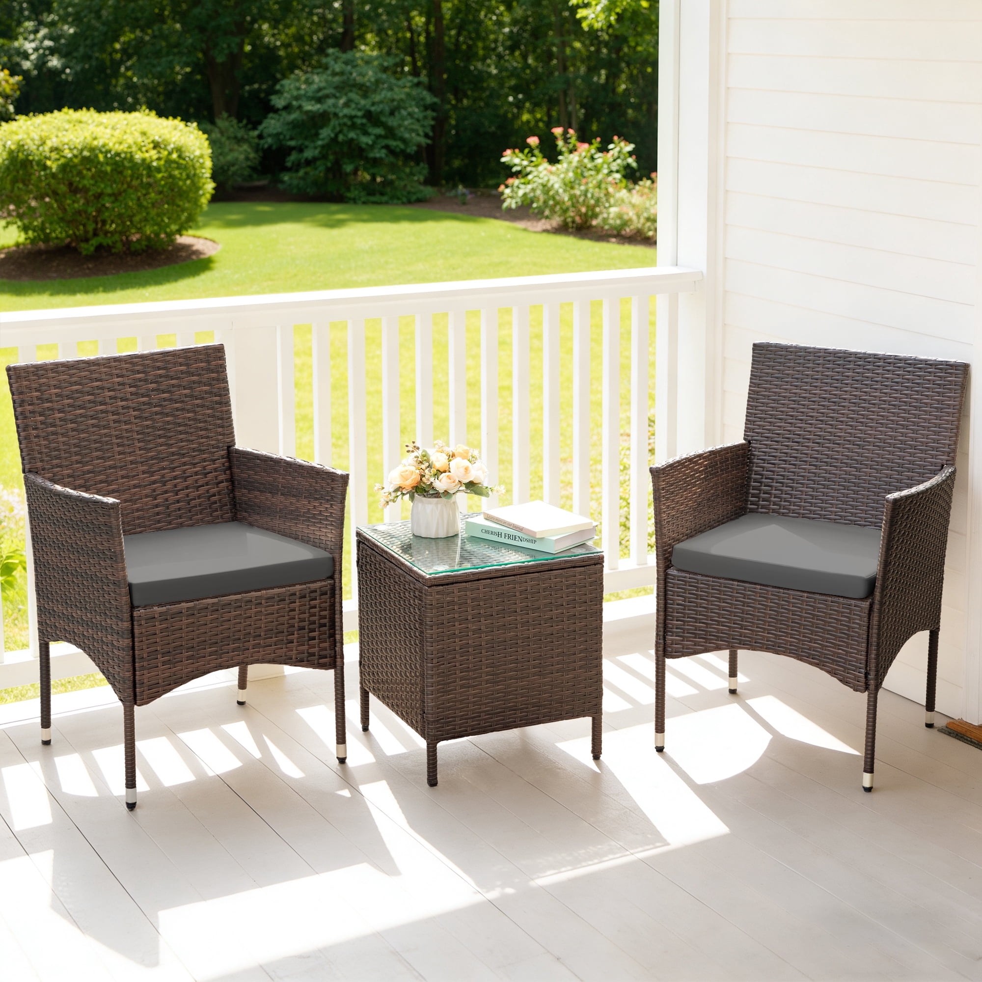 Lacoo 3 Pieces Outdoor Patio Furniture Gray PE Rattan Wicker Table and Chairs Sets Bar Set with Cushioned Tempered Glass , Brown / Gray