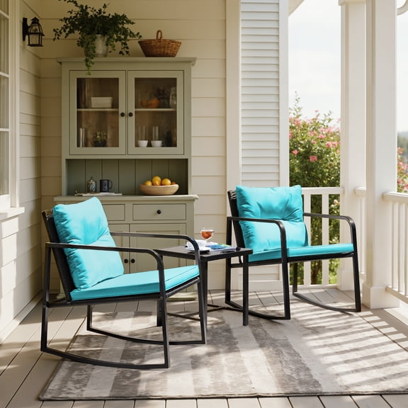 Lacoo 3 Pieces Outdoor Rocking Chair Furniture Sets Modern Patio Furniture Set Rocking Wicker Bistro Sets Cushioned PE Rattan Chairs Conversation Sets with Glass Coffee Table,Blue