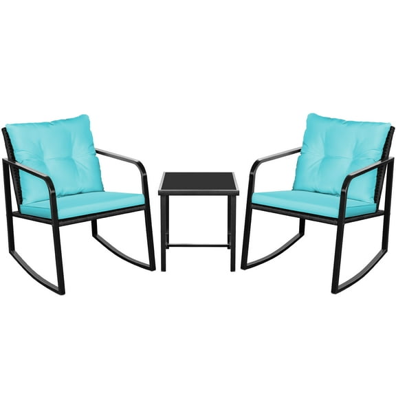 Lacoo 3 Pieces Outdoor Rocking Chair Furniture Sets Modern Patio Furniture Set Rocking Wicker Bistro Sets Cushioned PE Rattan Chairs Conversation Sets with Glass Coffee Table,Blue