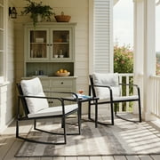 Lacoo 3 Pieces Outdoor Rocking Chair Furniture Sets Modern Patio Furniture Set Rocking Wicker Bistro Sets Cushioned PE Rattan Chairs Conversation Sets with Glass Coffee Table,White