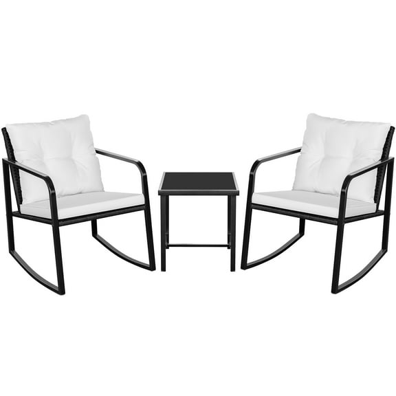 Lacoo 3 Pieces Outdoor Rocking Chair Furniture Sets Modern Patio Furniture Set Rocking Wicker Bistro Sets Cushioned PE Rattan Chairs Conversation Sets with Glass Coffee Table,White